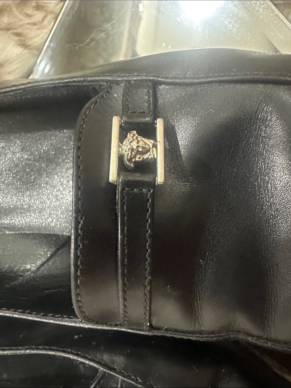VERSACE Black Leather Square-Toe Loafers with Silver VERSACE Medusa Accent - Picture 6 of 8